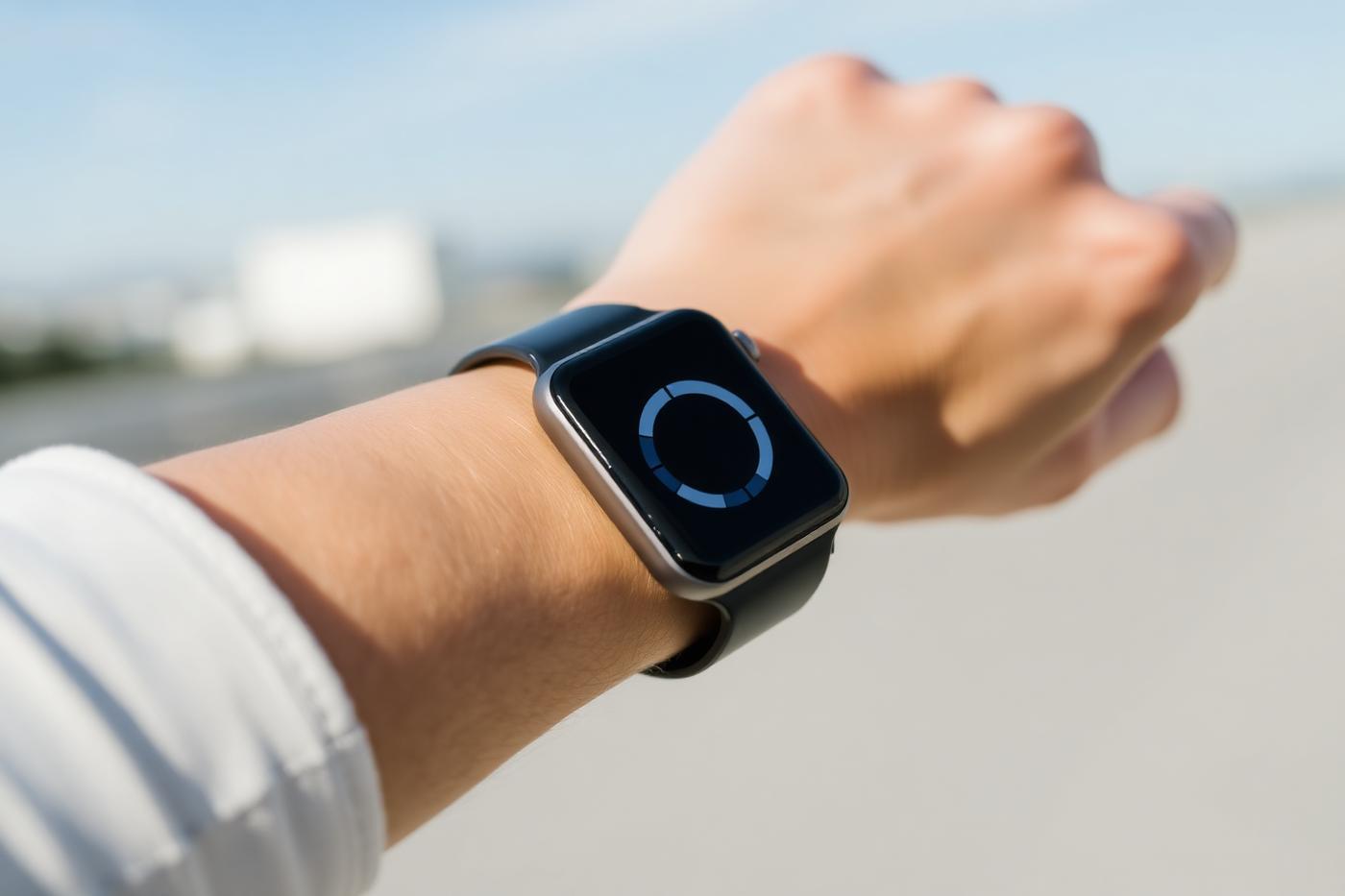A smartwatch on a wrist displaying a daily step count activity ring.
