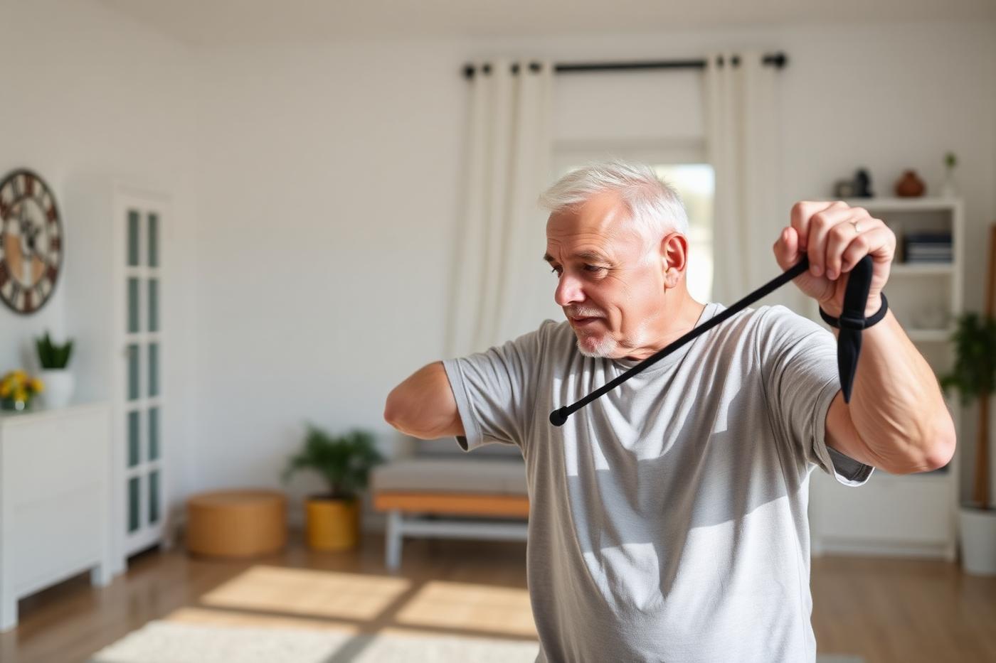 An older adult performing resistance band strength training at home.