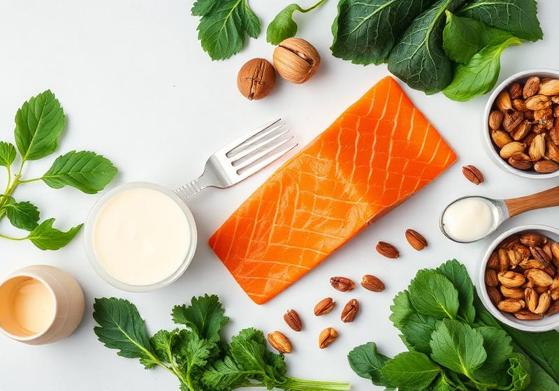 Bone-healthy foods including salmon, leafy greens, dairy and nuts