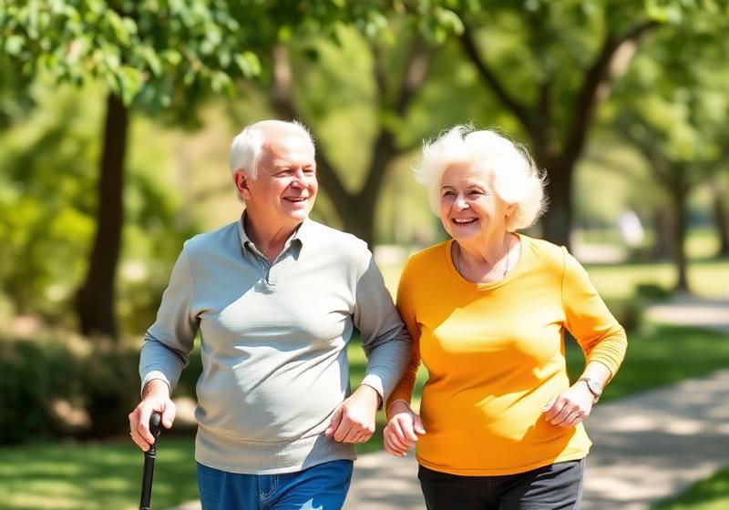 Two active older adults walking together in a sunny park