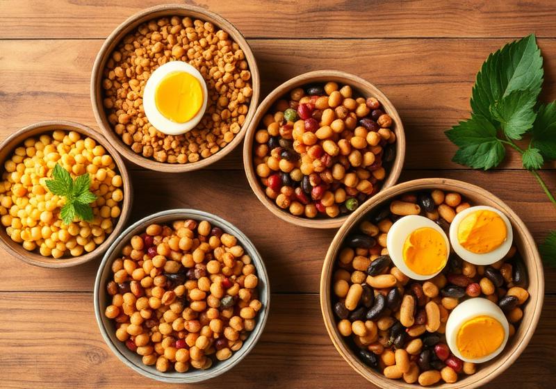 Bowls of protein rich foods such as lentils, beans and eggs