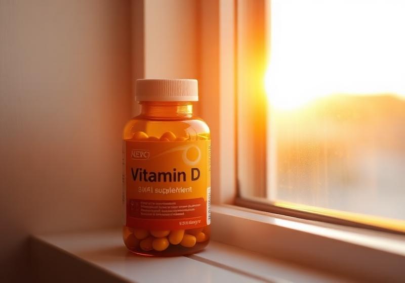 A bottle of vitamin D supplements on a sunlit windowsill