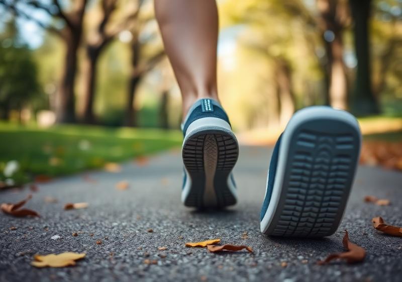 Close up of walking shoes on a park path
