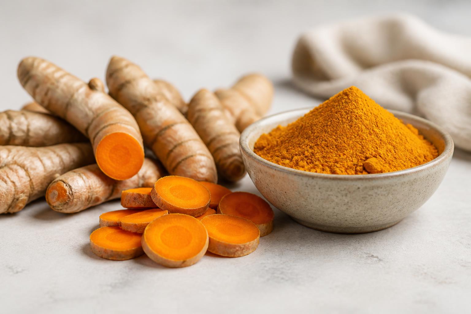 Fresh turmeric root and concentrated curcumin powder used in supplements for osteoarthritis.